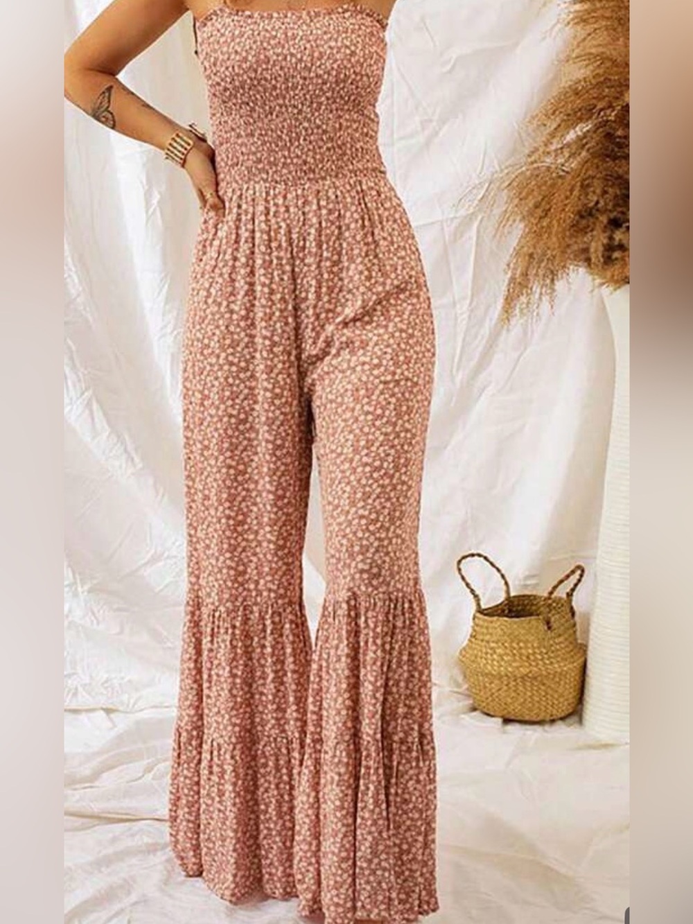 Smocked Floral Tie-Shoulder Jumpsuit in Blush